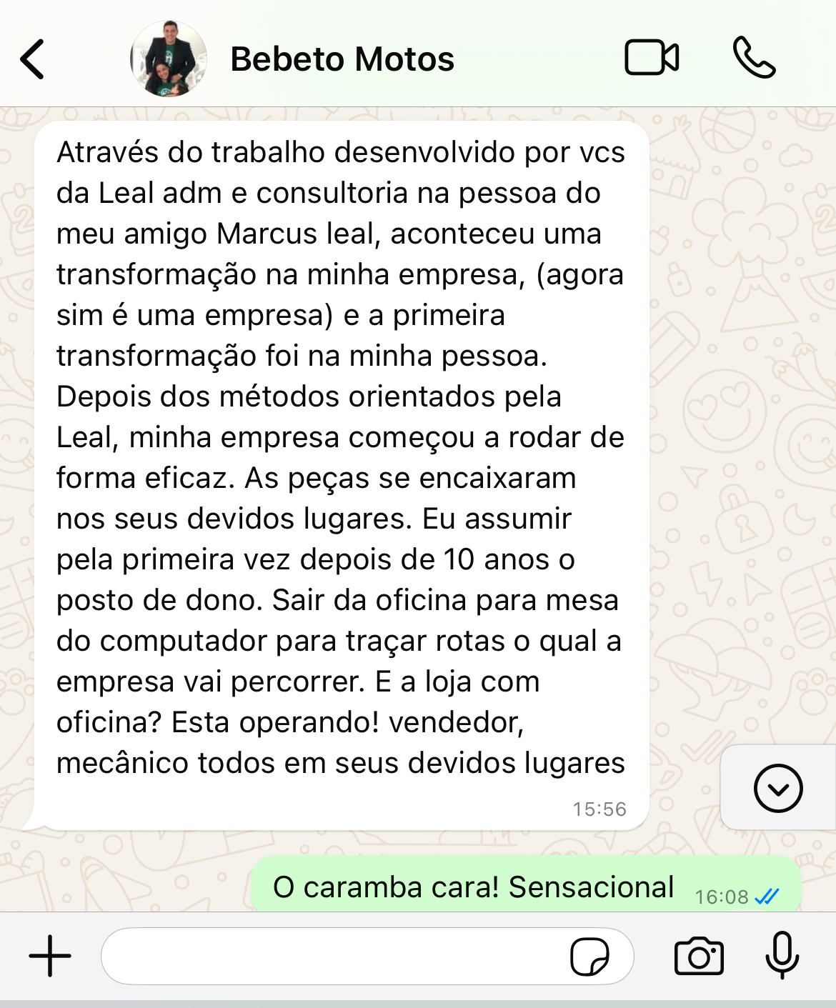 Depoimento de Bebeto Motos enviado por WhatsApp a Marcus Leal
